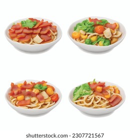 Wok Noodle 3D Ramen Isolated spaghetti: garlic, cheese, poured with viscous sauce, pepper, fried bacon, cherry tomatoes

