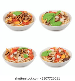 Wok Noodle 3D Ramen Isolated spaghetti: mozzarella cheese, chips, buckwheat, tomato paste, porcini mushrooms