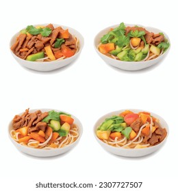 Wok Noodle 3D Ramen Isolated spaghetti: carrot, dark meat, fresh tomatoes, teriyaki sauce, soy 