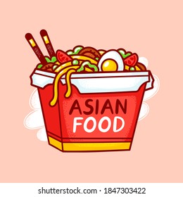 Wok noodle box logo. Vector flat line cartoon illustration icon. Isolated on white background. Asian food, noodle, wok box logo concept