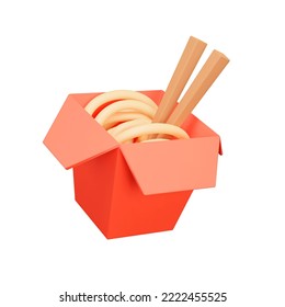 Wok noodles 3d icon. Noodles in a box with chopsticks. Asian food. Isolated object on transparent background