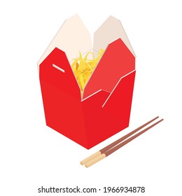 Wok noodles in blank cardboard box and chopsticks. Asian food delivery. Isometric view. Vector