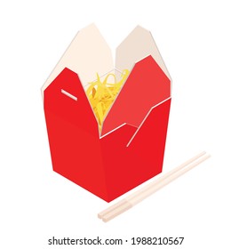 Wok noodles in blank cardboard box and chopsticks. Asian food delivery. Isometric view. Vector