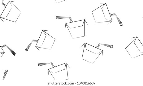 wok noodles in blue box, white background, vector illustration, pattern. black and white illustration in pencil drawing style. wallpaper design, restaurant, cafe decor, food preparation areas.