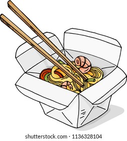 Wok noodles in the box. Asian fast food. Colorful vector illustration in sketch style. Perfect for restaurant brochure, cafe flyer, delivery menu.