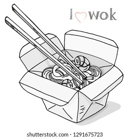 Wok noodles in the box. Asian fast food. Monochrome vector illustration in sketch style. Perfect for restaurant brochure, cafe flyer, delivery menu.