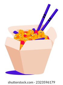 Wok noodles in box with chopsticks. Chinese food of seafood, fish or chicken. Vector illustration