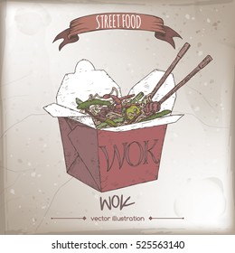 Wok noodles in a box color sketch on grunge background. Asian cuisine. Street food series. Great for market, restaurant, cafe, label design.