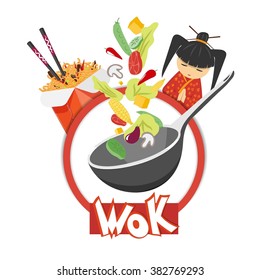 wok, noodles in a box, food packaging, vegetables, vector illustration