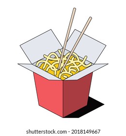 Wok noodles in a box. Vector 3d sketch line isometric, color icon illustration, flat style. Creative design idea and elements for infographics and website.