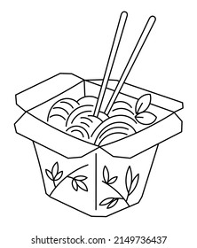 Wok noodles. To go. Food box. Editable outline stroke. Vector line icon.