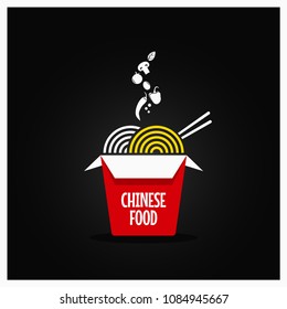 Wok noodles logo. Chinese take out box. Takeaway restaurant food badge on black background