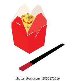 Wok noodles with mushrooms and salat in blank cardboard box and chopsticks. Asian food delivery. Isometric view. Vector