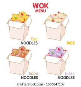 Wok with noodles and rice. Traditional asian food. Chinese, Japanese cuisine. Fast food takeout in a box. Minimalistic flat design. Isolated clipart set on white background