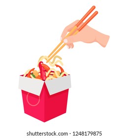 Wok with noodles and seafood. Open box Hand holds bamboo sticks with noodles. Healthy food. Seafood dishes. Traditional Asian cuisine. Flat cartoon vector illustration isolated. 
