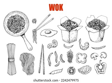 Wok noodles sketch, ingredients for wok. Design elements. Hand drawn collection.  Vector illustration . Noodles in a carton box. Asian food.