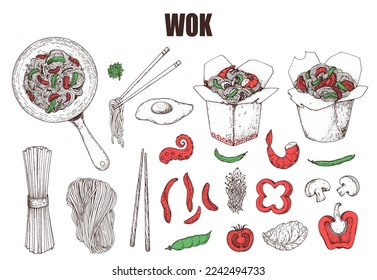 Wok noodles sketch, ingredients for wok. Design elements. Hand drawn collection. Vector illustration . Noodles in a carton box. Asian food.
