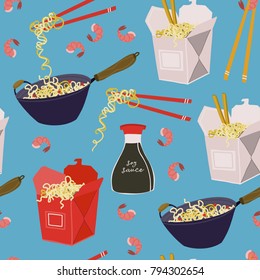 Wok noodles, take away boxes and various ingredients. Hand drawn vector seamless pattern. Blue background