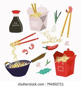 Wok noodles, take away boxes and various ingredients. Hand drawn vector set. All elements are isolated