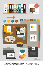 Wok office web layout. Colorful graphic template. Folder, sticker, graph, tab, data, bubbles set. Vector background.
