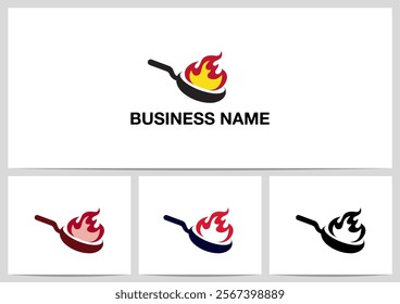 Wok Pan Burning Fire Cooking Logo Design