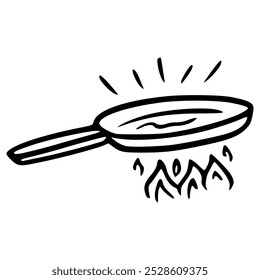 wok pan with fire hand drawn outline illustration