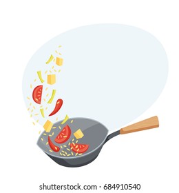 Wok pan with fried vegetables and rice. Cooking process vector illustration. Kitchenware and utensils isolated on white. Tasty food recipe