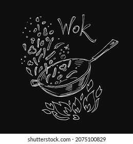Wok Pan Fry  Flame  Cooking process vector illustration  Meat   vegetables in frying pan  Sketch chalk drawing 