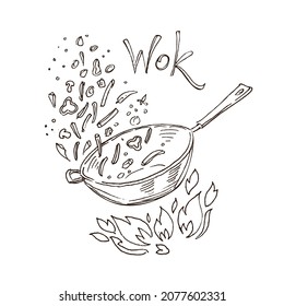 Wok Pan Fry. Llama. Ilustración vectorial del proceso de cocción. Carne y verduras en una sartén. Dibujo de tiza de esbozo.