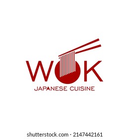 Wok pan icon, Chinese and Japanese cuisine noodles and chopsticks, vector Asian bar sign. Udon or ramen noodles in wok pan on sticks for Chinese or Japanese restaurant menu or cover design