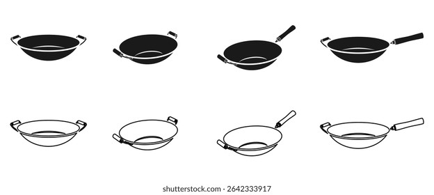 wok pan icon set vector illustration isolated on white background.