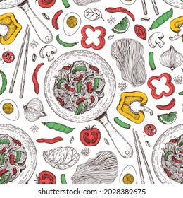 Wok pan and ingredients for wok seamless pattern. Hand drawn vector illustration. Asian food top view. Noodles, meat, pepper and other ingredients. Asian cuisine background.