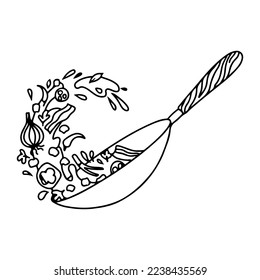 Wok pan and ingredients for wok sketch. Asian food. Noodles, meat, pepper and other ingredients. Asian cuisine.