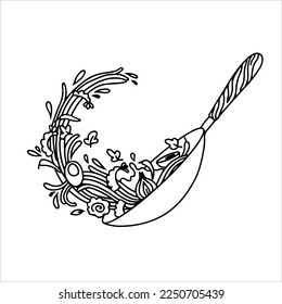 Wok pan and ingredients for wok sketch. Asian food. Noodles, meat, pepper and other ingredients. Asian cuisine.