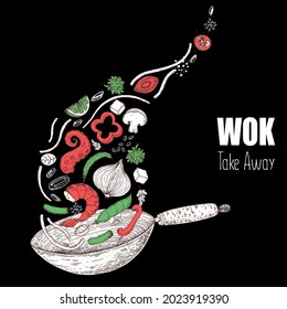 Wok pan and ingredients for wok sketch. Hand drawn vector illustration. Asian food. Noodles, meat, pepper, shrimp and other ingredients. Asian cuisine.