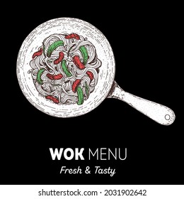 Wok pan with noodles top view sketch. Hand drawn vector illustration. Asian food. Noodles, meat, pepper and other ingredients. Asian cuisine