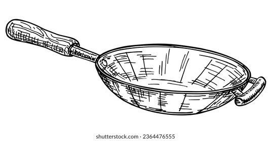 Wok pan. Professional Wok or chinese cooking pot. Hand drawn sketch vector illustration.  Asian fast food. For leaflets, cards, posters, prints, menu, booklets