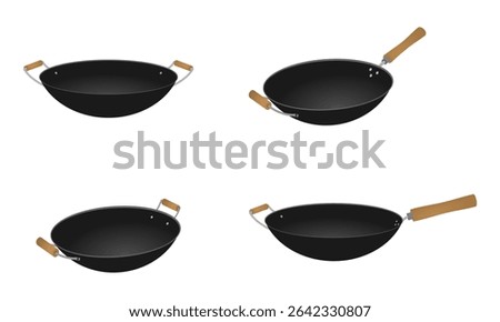 wok pan set with wood handle. vector illustration isolated on white background.