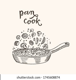 Wok pan, skillet. Toss food in a Pan. Roasted, stew, fry vegetables - tomato, onion, tomato, paprika, pepper, mushroom and corn. Asian meal. Flying ingredients. Doodle vector illustration, typography.