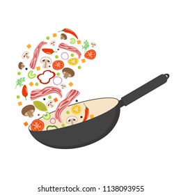 Wok pan, tomato, paprika, pepper, mushroom and bacon. Asian food. Flying vegetables with pork bacon. Flat vector illustration