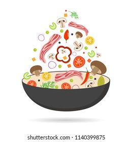 Wok pan, tomato, paprika, pepper, mushroom and bacon. Asian food. Flying vegetables with pork bacon. Flat vector illustration