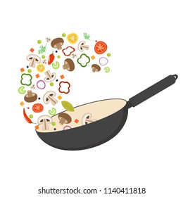 Wok pan, tomato, paprika, pepper, shiitake mushroom and carrots. Asian food. Fresh flying vegetables. Flat vector illustration