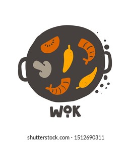 Wok pan vector hand drawn illustration. Plate with vegetables, mushrooms and seafood. Frying pan isolated clipart with stylized lettering and ink drops. Asian food cooking poster design element