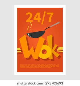 Wok poster. Template poster of  wok restaurant. Flat style illustration