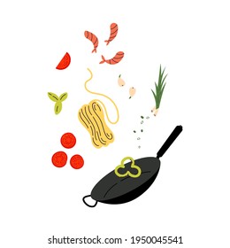 Wok pot. Asian street food. Noodles with traditional Ingredients. Cartoon style. Vector illustration. Isolated on white background. Design for menu, cafe and asian restaurant. 