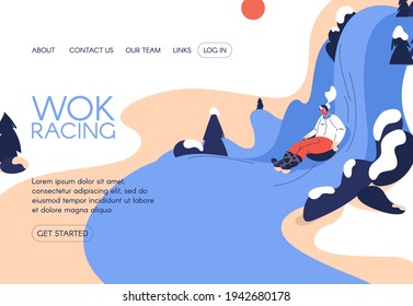 Wok racing winter activity landing page template. Vector character riding down the hill smiling and happy. Vector banner for web page 