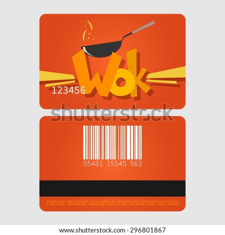 Wok restaurant. Template loyalty card design. Flat style vector illustration.