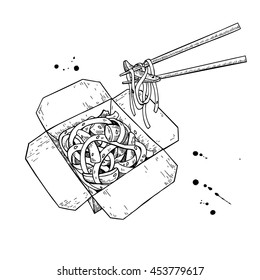 Wok vector drawing. Isolated chinese box and chopsticks  with noodles and vegetables. Hand drawn detailed fast asian food illustration.