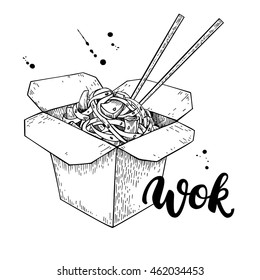 Wok vector drawing with lettering. Isolated chinese box and chopsticks  with noodles and vegetables. Hand drawn detailed fast asian food illustration. Great for banner, poster, sign