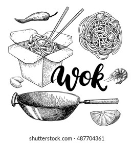 Wok vector drawing with lettering. Isolated chinese box, wok and chopsticks with noodles, vegetables and seafood. Hand drawn detailed fast asian food illustration. Great for banner, poster, menu decor